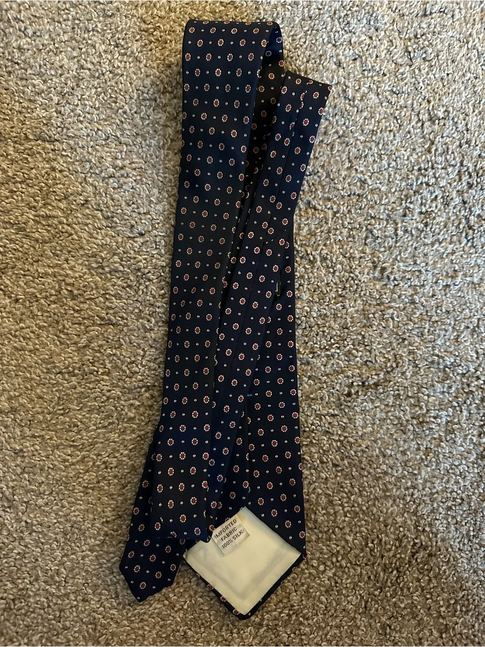 Men's Navy Tie with Small Red Dot Pattern